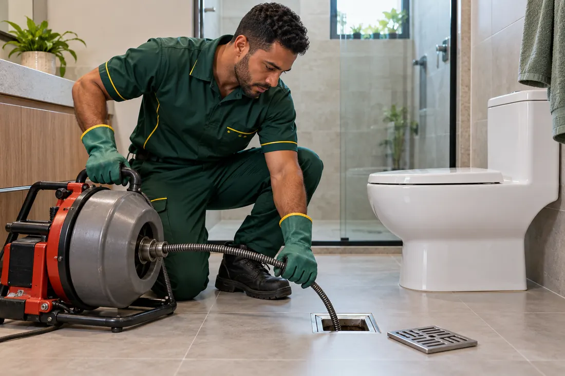 Imagem ilustrativa: desentupimento de ralo com equipamento profissional