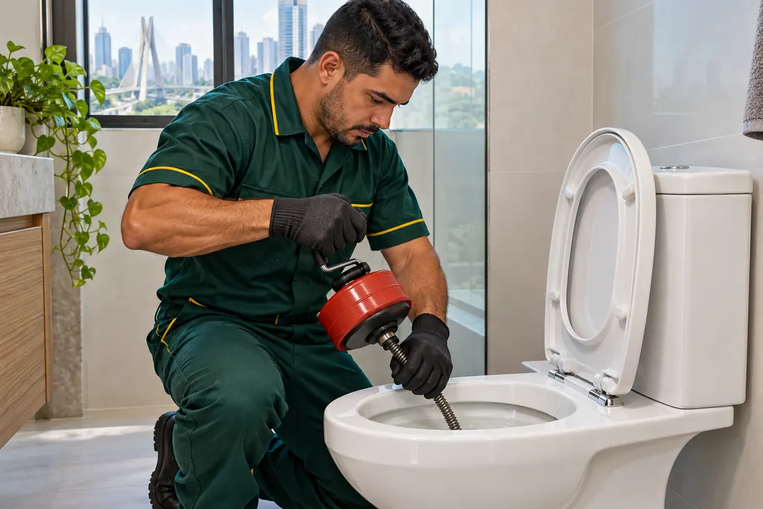 Imagem ilustrativa: técnico realizando desentupimento de vaso sanitário